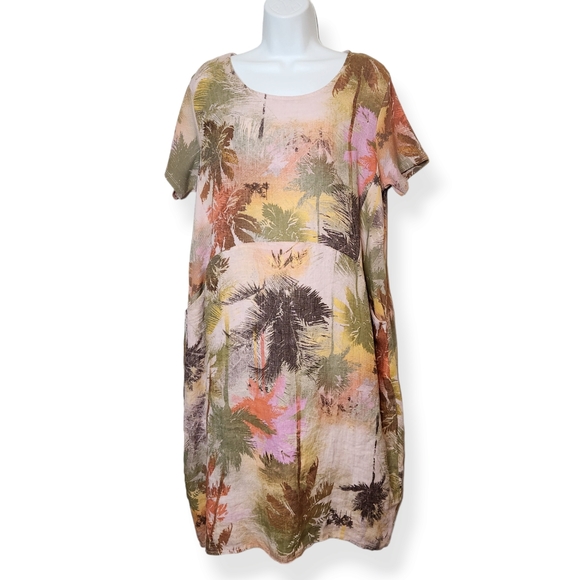 Helga May Linen Jungle Dress Bungalow Grey Italy Lagenlook Pockets Palm Tree - Picture 9 of 10